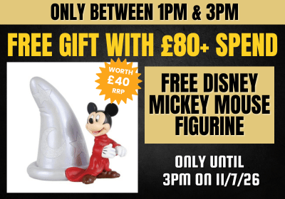 Promotional banner featuring a Mickey Mouse figurine standing next to a silver curved object on a white background, with large yellow text reading 'FREE GIFT WITH £80+ SPEND' and additional offer text on a black background.