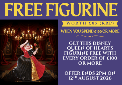 Promotional banner for a Disney Queen of Hearts figurine. The left side shows a woman in a black and red ballgown standing in a dark, ornate hall with chandeliers, next to a gold circular badge reading 'WORTH £85 RRP'.