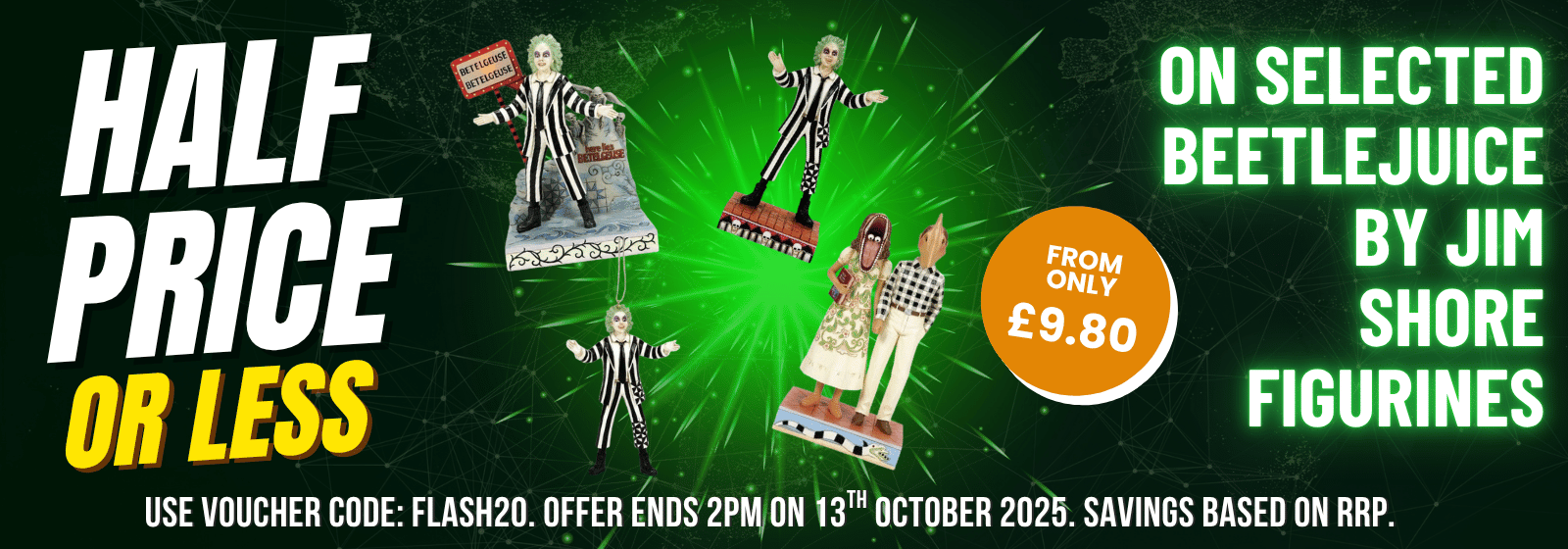 Promotional banner for Beetlejuice figurines by Jim Shore with pricing and offer details.