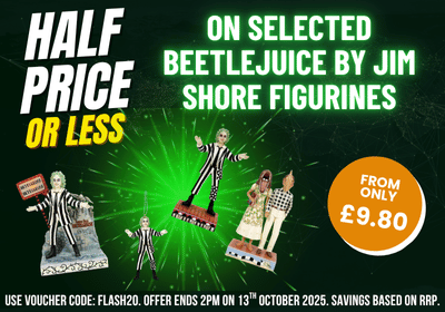 Promotional advertisement for Beetlejuice figurines with discounts and a limited-time offer.