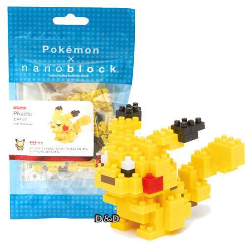 The Pikachu Nanoblock by nanoblocks features block pieces and an image of the finished Pikachu model, built from small yellow, black, and red blocks—a perfect set for Pokémon fans.