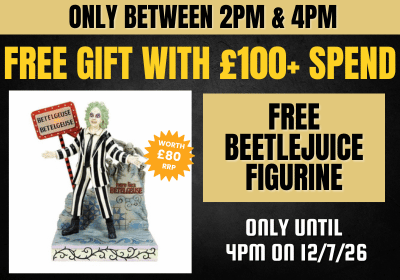 banner promoting a free Beetlejuice by Jim Shore figurine with any order of £100 or more on a black background