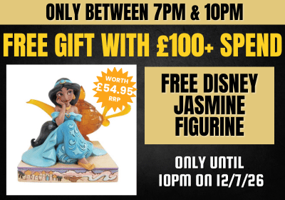 Promotional banner featuring a Disney Traditions Jasmine figurine on the left and large yellow text on a black background offering a free gift with £100+ spend between 7PM & 10PM today.