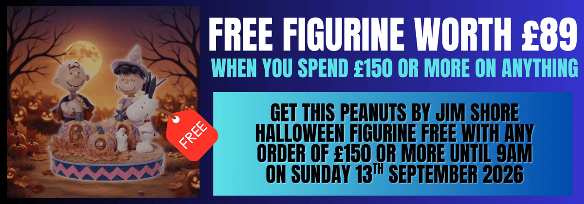 Promotional banner for a Halloween figurine offer, featuring a Peanuts-themed illustration on the left and large text on the right offering a free Peanuts by Jim Shore Halloween figurine worth £89 when spending £150 or more.
