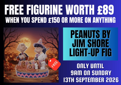 Promotional flyer for a free Peanuts light-up figurine. The flyer features a Halloween-themed illustration of Snoopy and Woodstock on a decorated bed, alongside text stating 'FREE FIGURINE WORTH £89 WHEN YOU SPEND £150 OR MORE ON ANYTHING' and 'PEANUTS BY JIM SHORE LIGHT-UP FIG'.