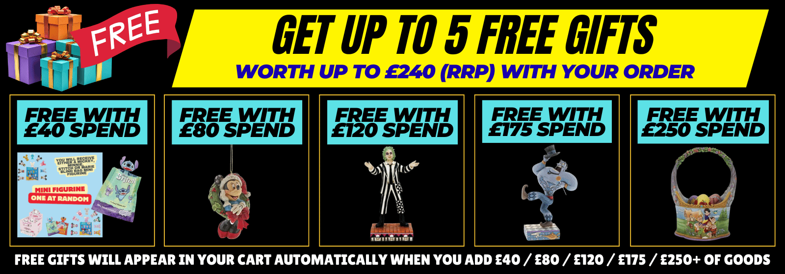 Promotional banner offering free gifts with minimum spend on a product website.