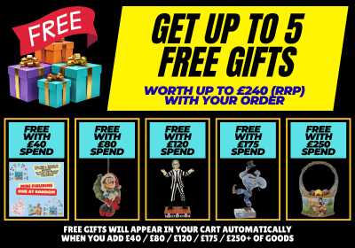 Promotional poster for free gifts with minimum spend on a shopping cart.