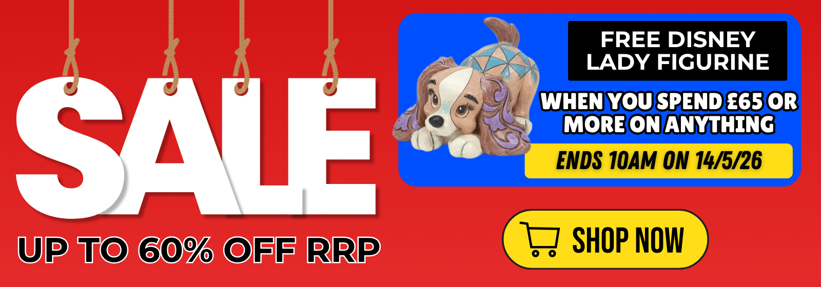 Promotional banner with sale text, Disney figurine offer, and call to action on a red background.