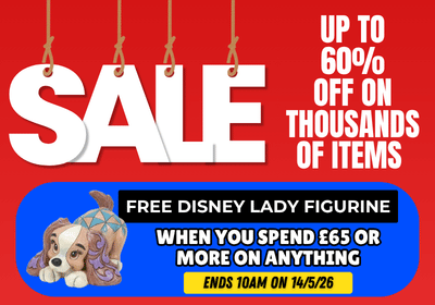 Red sale banner with text and cartoon dogs, featuring a Disney offer.