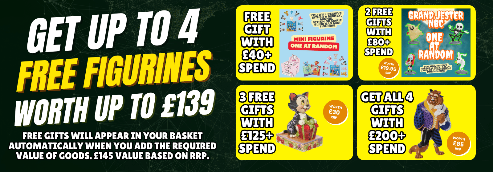 Promotional banner with text and images of free figurines offer on a black background