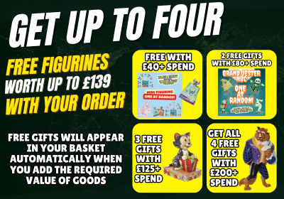 Promotional graphic with text about free figurines and gifts with order on a black background