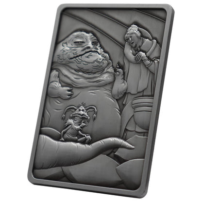 The Fanattik Star Wars Jabba The Hut Metal Ingot is a limited edition rectangular silver collectible featuring raised designs of Jabba, Princess Leia in chains, and Salacious B. Crumb with detailed Star Wars backgrounds.