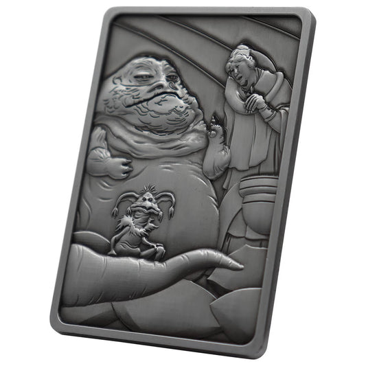 The Fanattik Star Wars Jabba The Hut Metal Ingot is a limited edition rectangular silver collectible featuring raised designs of Jabba, Princess Leia in chains, and Salacious B. Crumb with detailed Star Wars backgrounds.