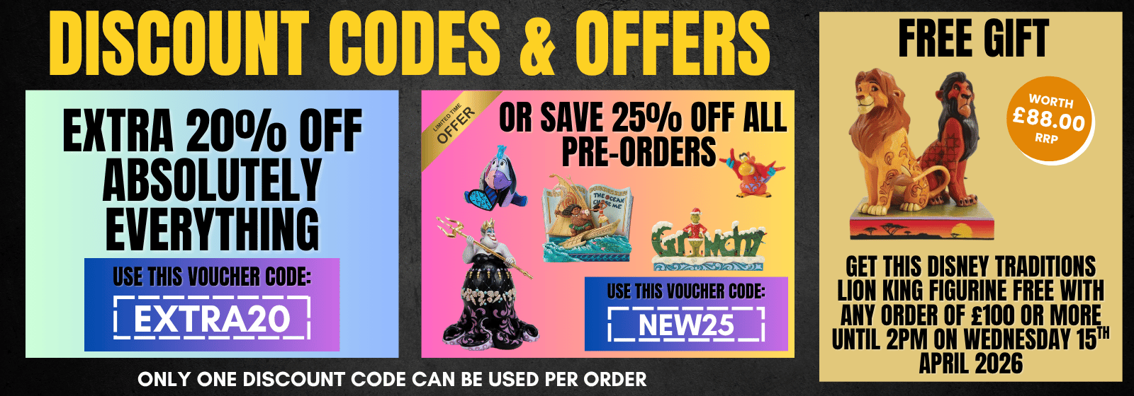 Promotional collage with discount codes, offers, and a free gift offer.