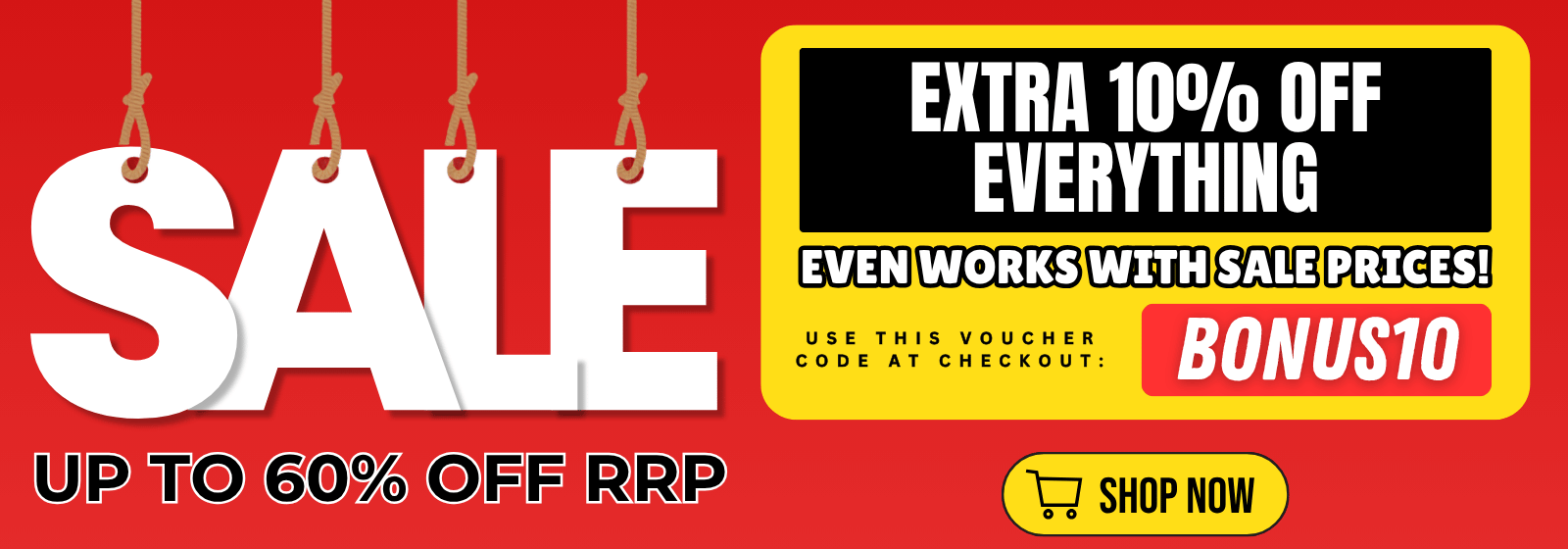 Promotional banner with sale text and discount offer on a red background