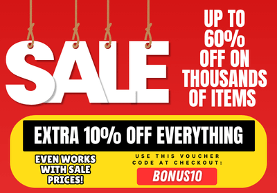 Promotional banner with sale text and discount offer on a red background