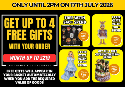 Promotional flyer for a 24-7 Games & Collectables offer, advertising free gifts with orders. The flyer features four yellow panels showcasing different gifts with various spend requirements, alongside black and red text blocks.