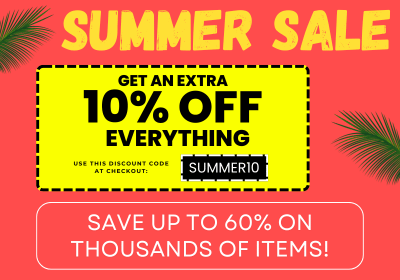 Promotional summer sale graphic with a bright coral background, yellow 'SUMMER SALE' text at the top, a yellow discount coupon in the center offering 10% off everything with a SUMMER10 code, and a white rounded rectangle at the bottom stating save up to 60% on thousands of items.