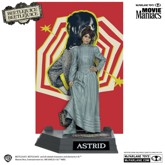 The McFarlane Toys Movie Maniacs Astrid Beetlejuice Beetlejuice figurine features Astrid in a long dress on a named base with a red and yellow backdrop, her portrait, and Beetlejuice branding from McFarlane Toys.