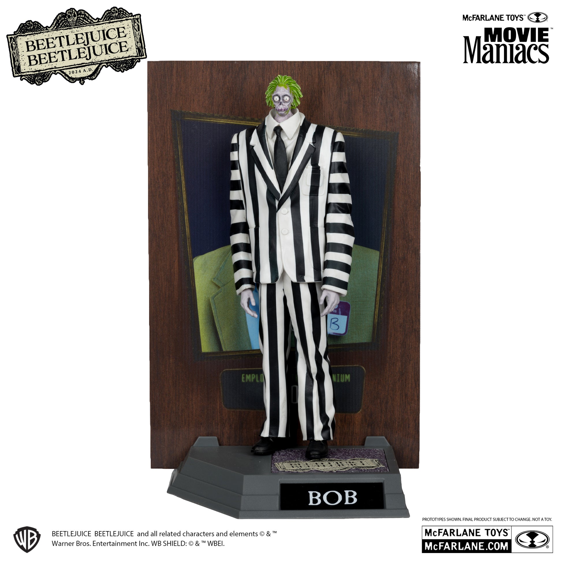 The McFarlane Toys Movie Maniacs Shrinker Bob Platinum Version figurine stands on a BOB-labeled base, dressed in a striped black and white suit with a green tie, with retro Beetlejuice afterlife art and brand logos on the background.