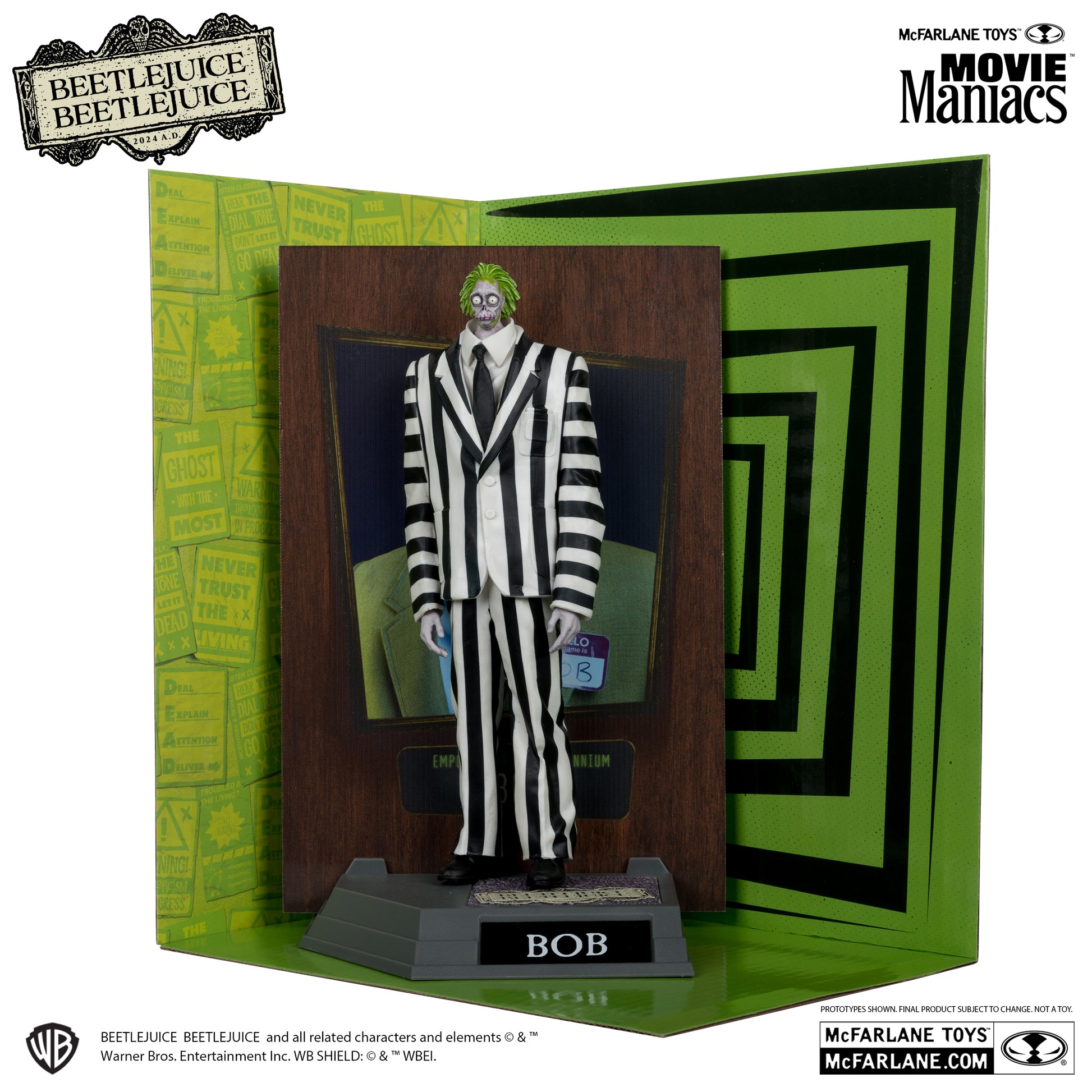 The McFarlane Toys Movie Maniacs Shrinker Bob Platinum Version figurine stands on a BOB base with green spirals—an ideal collectible for fans of the quirky Afterlife.