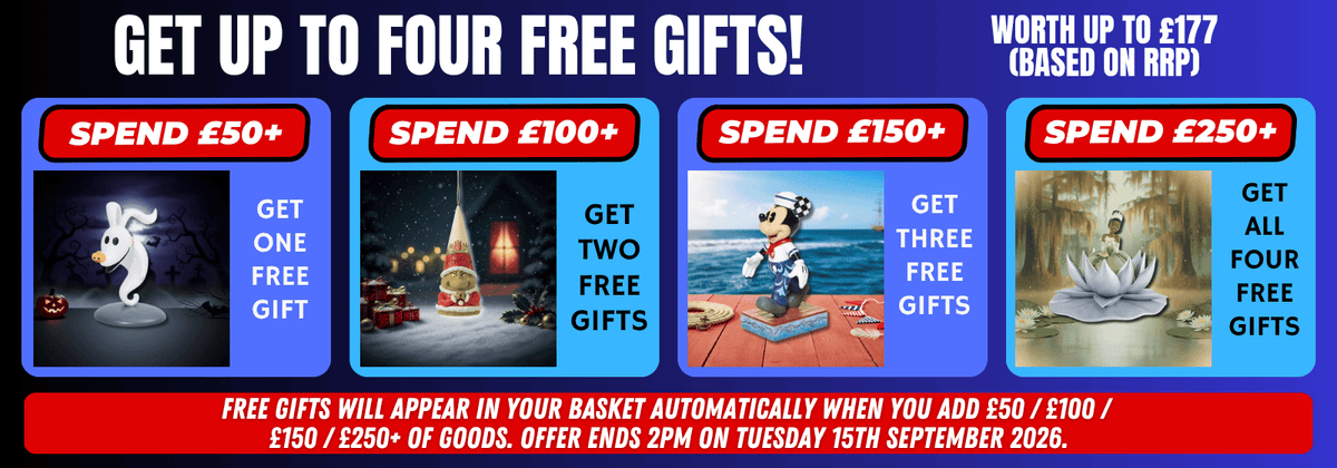 Promotional banner for a shopping offer featuring four panels with Mickey Mouse-themed free gift deals: spend £50+ for one free gift, spend £100+ for two free gifts, spend £150+ for three free gifts, and spend £250+ for all four free gifts. The text states 'GET UP TO FOUR FREE GIFTS!' and 'WORTH UP TO £177 (BASED ON RRP)'.