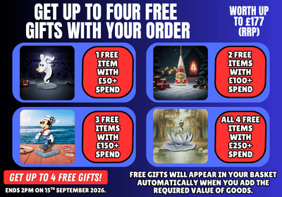 Promotional graphic for a free gift order offer, featuring four sample product images with text indicating free item thresholds and worth up to £177 (RRP) on a dark blue background.
