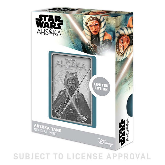 The Fanattik Star Wars Ahsoka Tano Metal Ingot collectible comes in a display box with Ahsoka imagery, Star Wars: Ahsoka branding, Disney and Limited Edition labels.