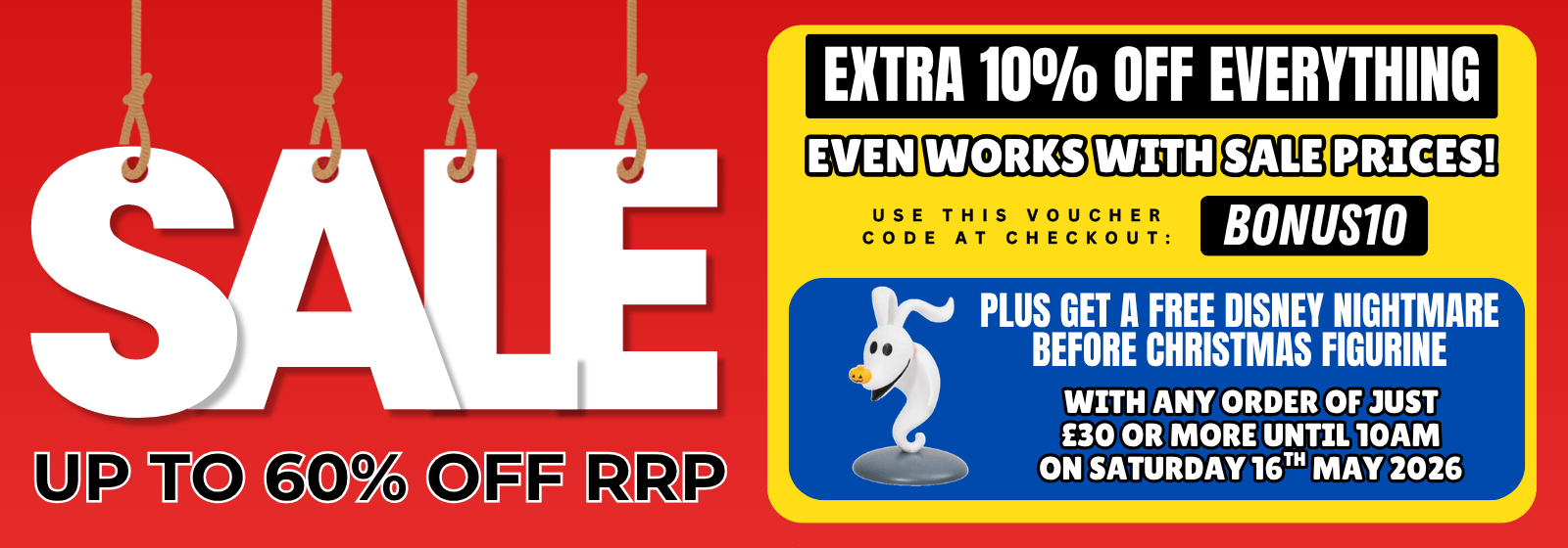 Promotional banner with sale text, discount offer, and Disney figurine image on a red background.