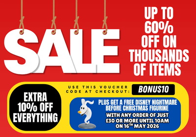 Promotional banner with sale text, discount offer, and Disney figurine image on a red background.