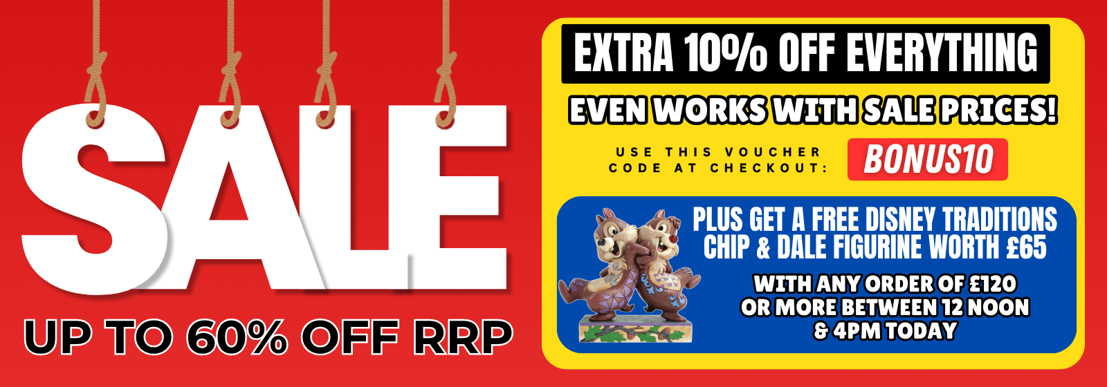 Promotional banner with sale text and discount offer on a red background