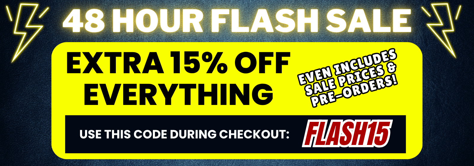 banner advertising a flash sale discount with a yellow graphic on a black background