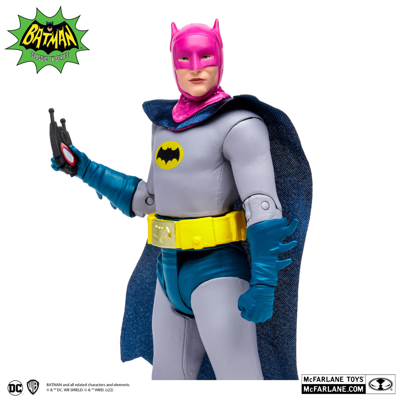 The McFarlane Toys DC Retro Radioactive Batman Classic TV Series action figure features Batman in a purple cowl, gray suit with bat symbol, yellow belt, blue gloves and cape, holding a black gadget. Includes Batman and McFarlane Toys logos on the box.