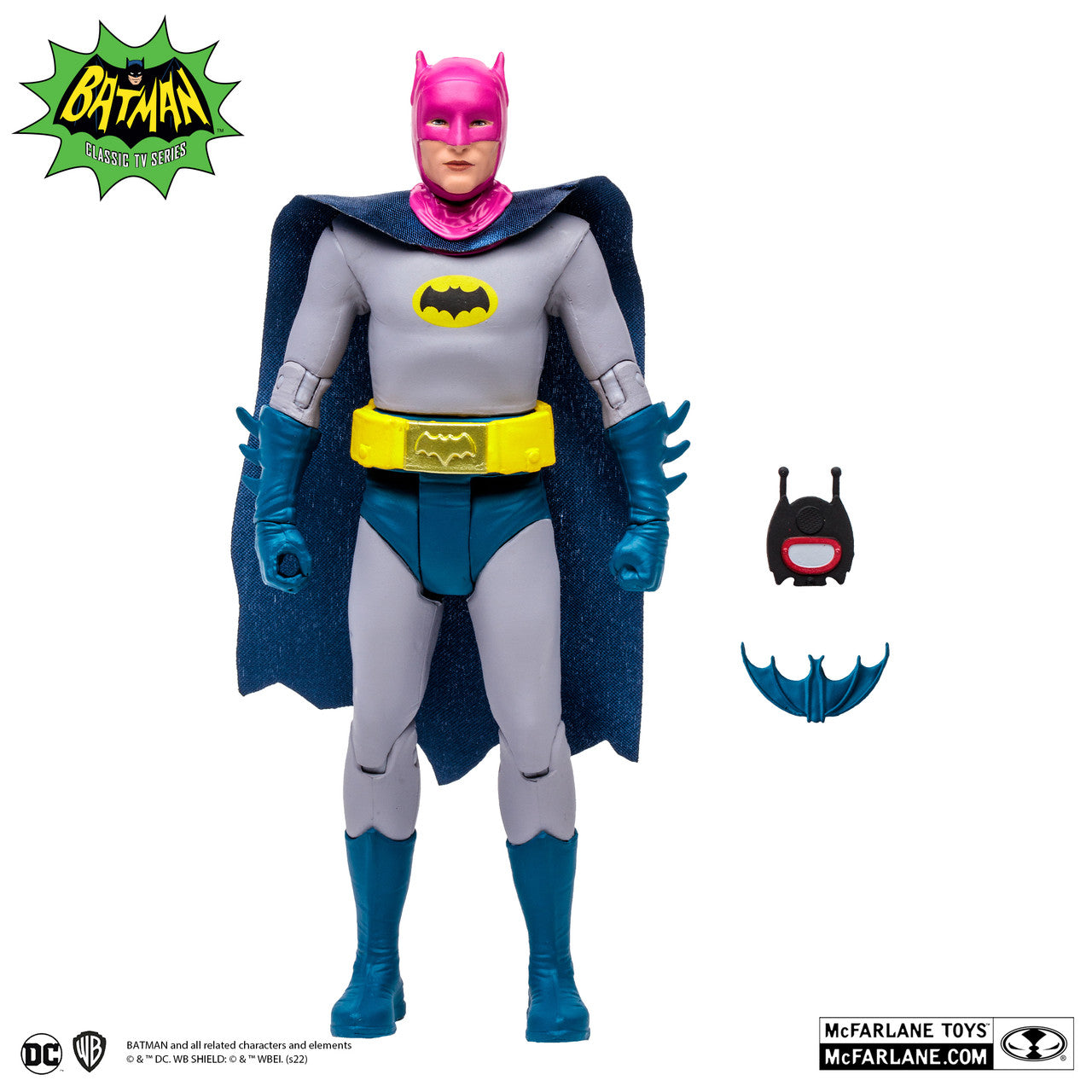 The McFarlane Toys DC Retro Radioactive Batman Classic TV Series action figure features Batman in a pink cowl and gloves, gray suit with yellow belt, blue cape and boots, plus an alternate head with pink goggles and a blue batarang.