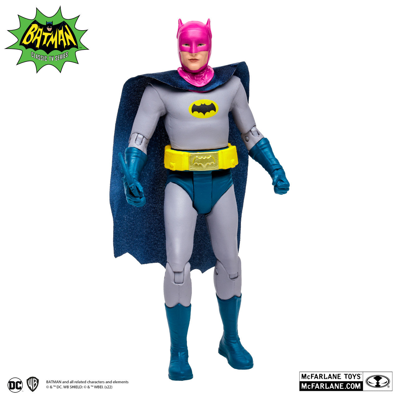 McFarlane Toys DC Retro Radioactive Batman Classic TV Series action figure features Batman in a gray suit with blue gloves, boots, cape, yellow belt, and bright pink cowl. Inspired by the 1960s show. McFarlane Toys logo on packaging.