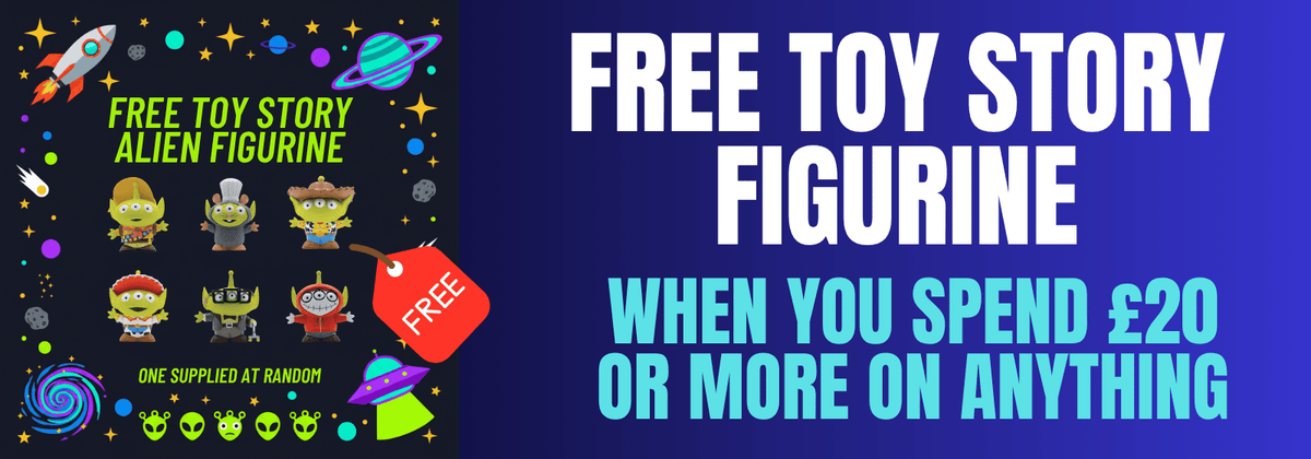 Promotional graphic for a free toy story alien figurine, featuring a left panel with colorful illustrated alien figures on a black space-themed background and a right panel with large white and light blue text reading 'FREE TOY STORY FIGURINE WHEN YOU SPEND £20 OR MORE ON ANYTHING' on a dark blue background.
