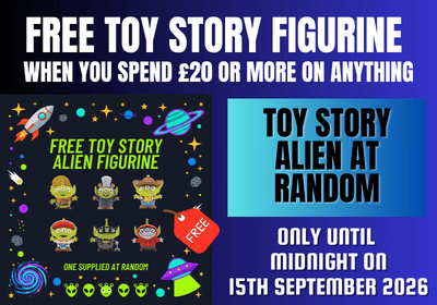 Promotional graphic for a toy story alien figurine offer, featuring text that says 'FREE TOY STORY FIGURINE WHEN YOU SPEND £20 OR MORE ON ANYTHING' and 'TOY STORY ALIEN AT RANDOM', with sample alien and space-themed figurine illustrations on a dark blue background.