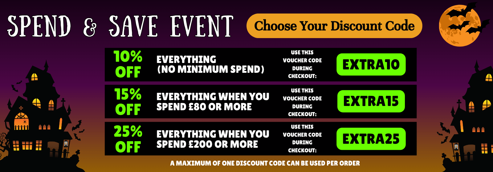 Halloween-themed discount codes with spooky houses and colorful text on a dark purple background.