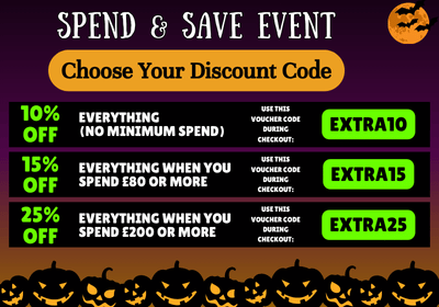 Halloween-themed discount codes with spooky houses and colorful text on a dark purple background.