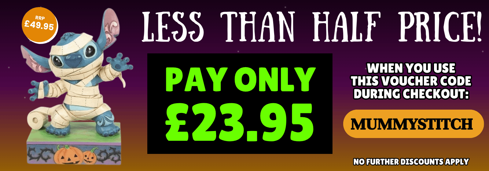 Promotional banner for a mummy-themed figurine with a discount offer.