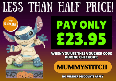 Promotional graphic for a mummy-themed figurine with a discount offer on a purple background.