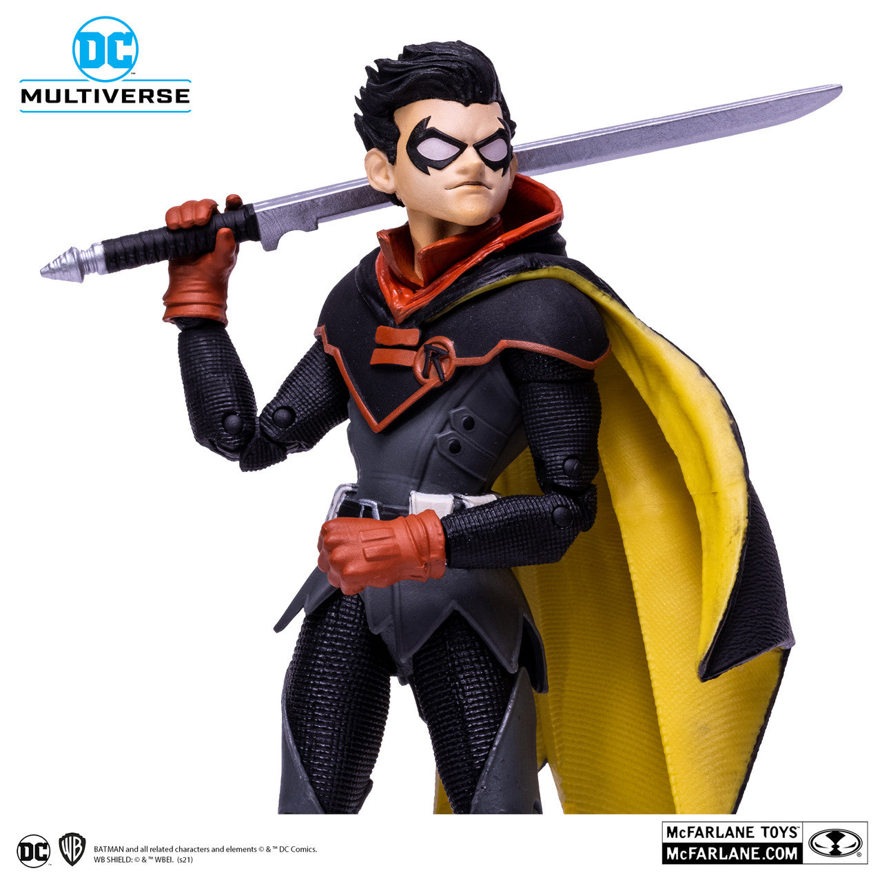 The McFarlane Toys DC Multiverse Robin Infinite Frontier 15226 action figure features Robin in a black and red suit with a yellow cape holding a sword, set against a white background with DC Multiverse and McFarlane Toys logos.