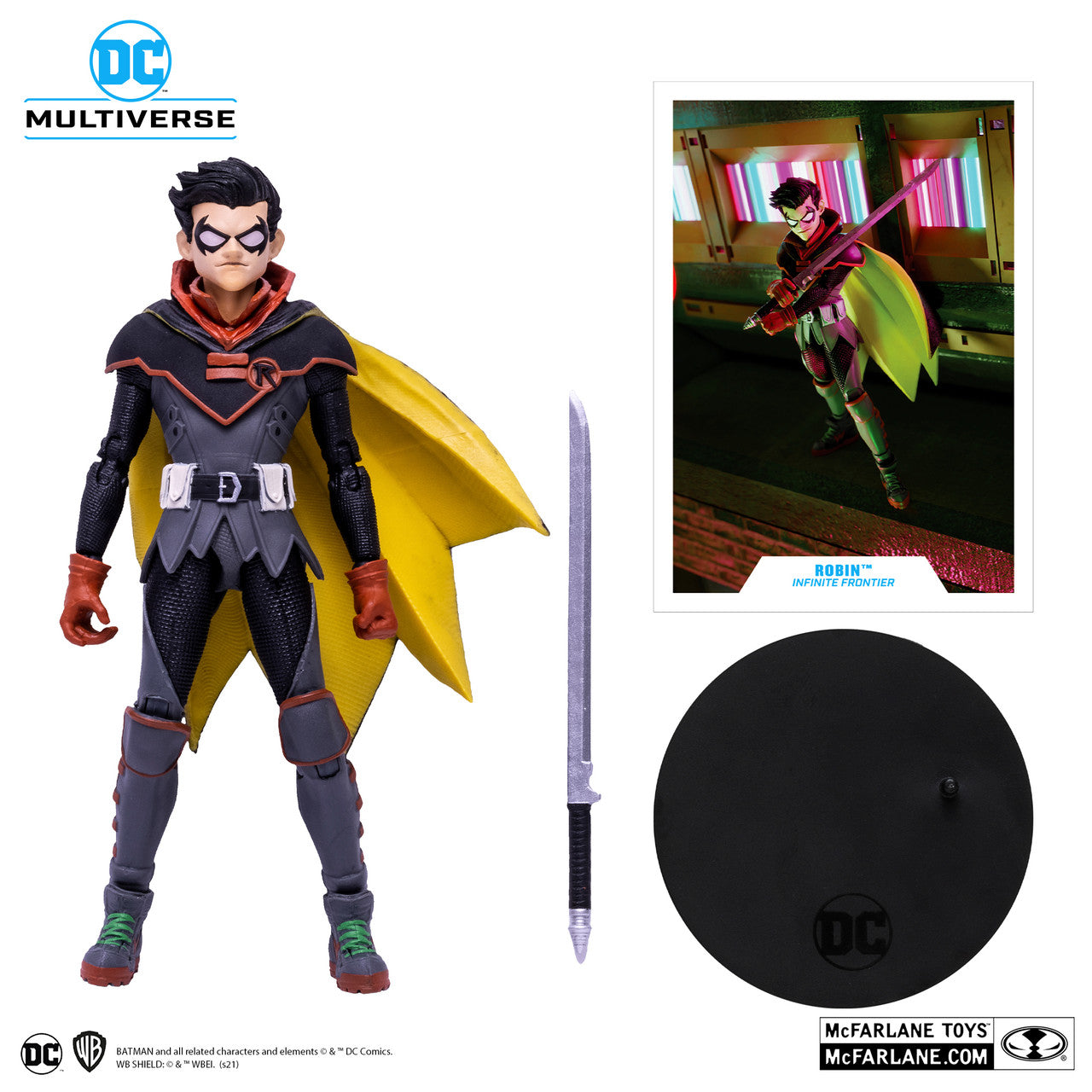 McFarlane Toys DC Multiverse Robin Infinite Frontier 15226 action figure features a yellow cape, sword accessory, display base, and collectible card—ideal for Batman fans—shown on a white background.