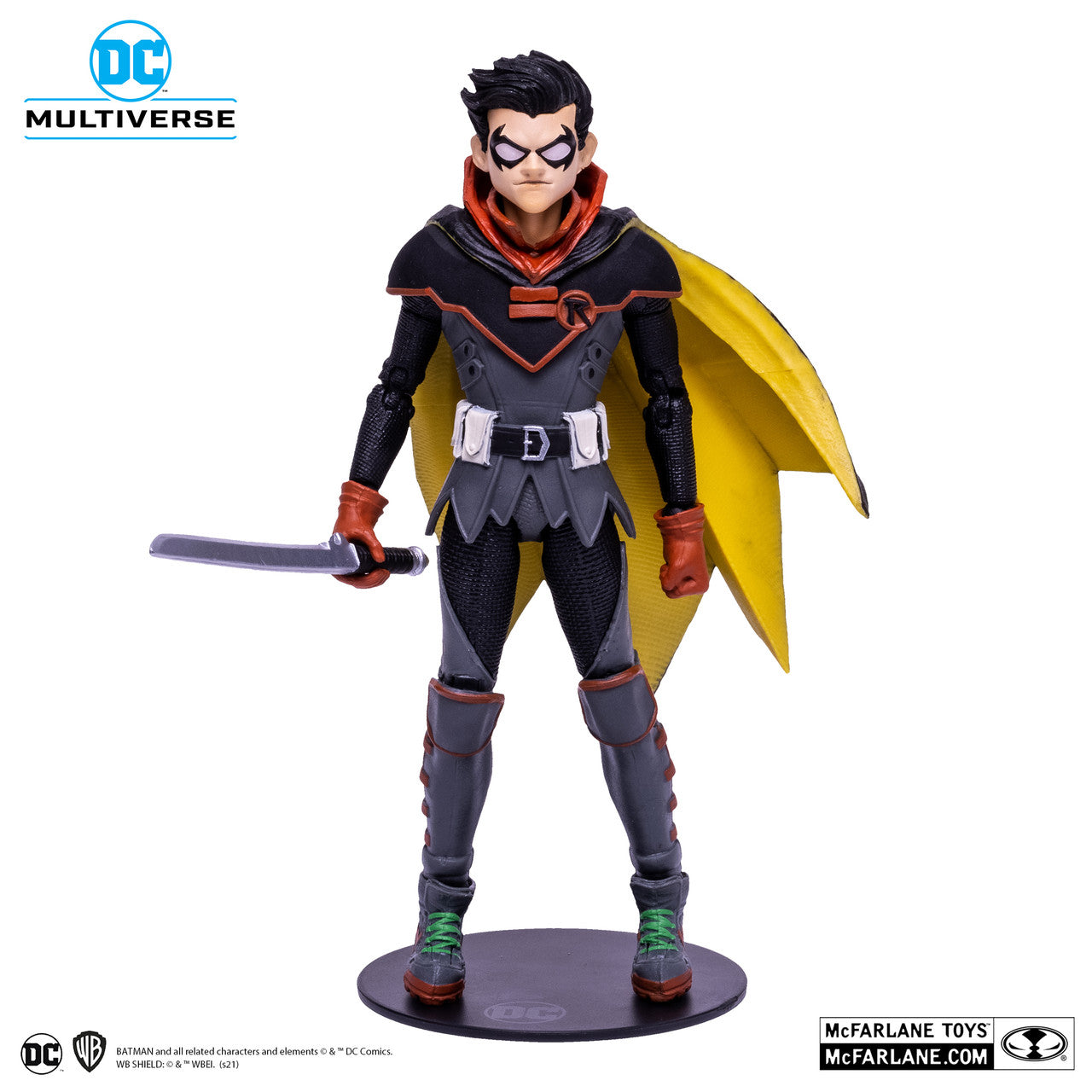 The McFarlane Toys DC Multiverse Robin Infinite Frontier 15226 action figure stands on a round base, clad in black and red with a yellow cape and green shoes, holding a sword. DC and McFarlane Toys logos appear in the image—perfect for Batman fans!.
