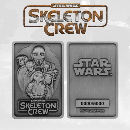 Fanattik's Star Wars Skeleton Crew Metal Ingots feature series characters on one side, and the Star Wars logo, limited edition number, plus Lucasfilm copyright on the other—perfect for any collector.