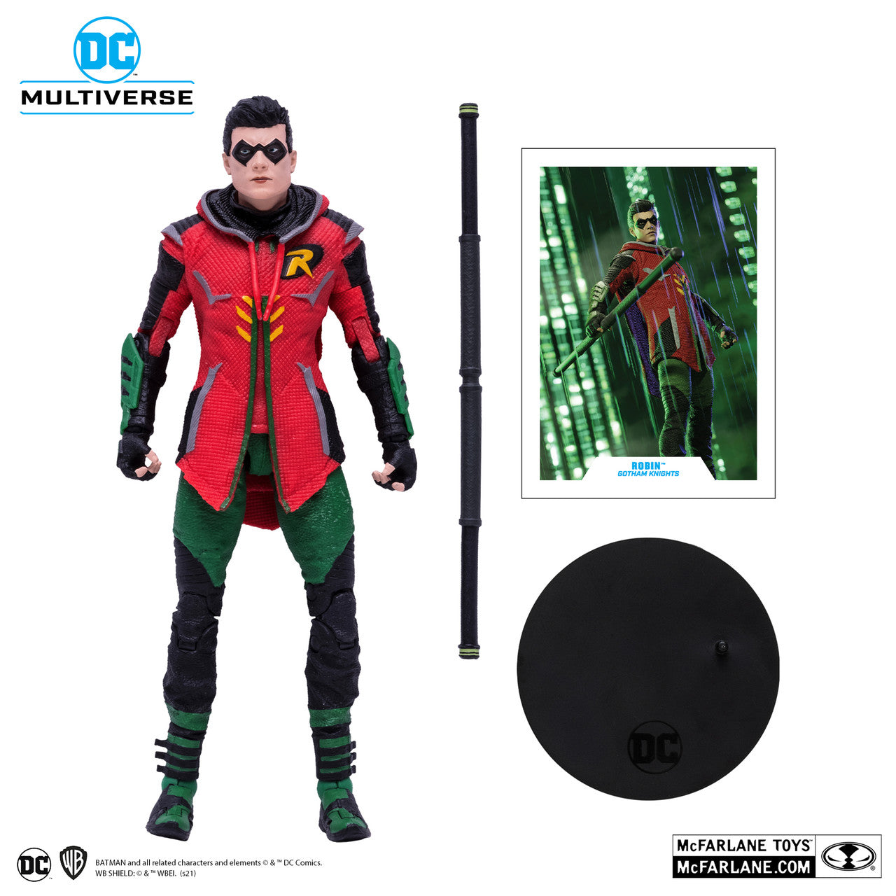 The McFarlane Toys DC Multiverse Robin Gotham Knights 15377 action figure features Robin (Tim Drake) in a red and green suit with black accents, plus a staff, circular base, and collectible character card.