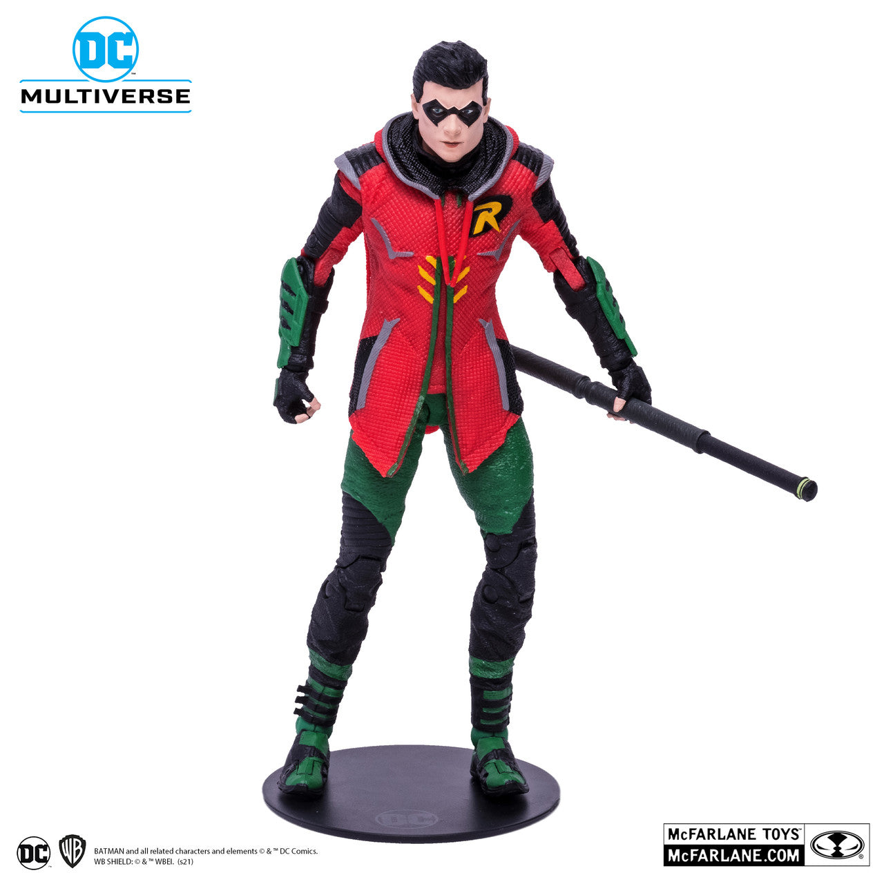 McFarlane Toys DC Multiverse Robin Gotham Knights 15377 action figure, featuring Tim Drake in red and green with a black cape, staff, and round base. Image shows DC and McFarlane Toys logos.