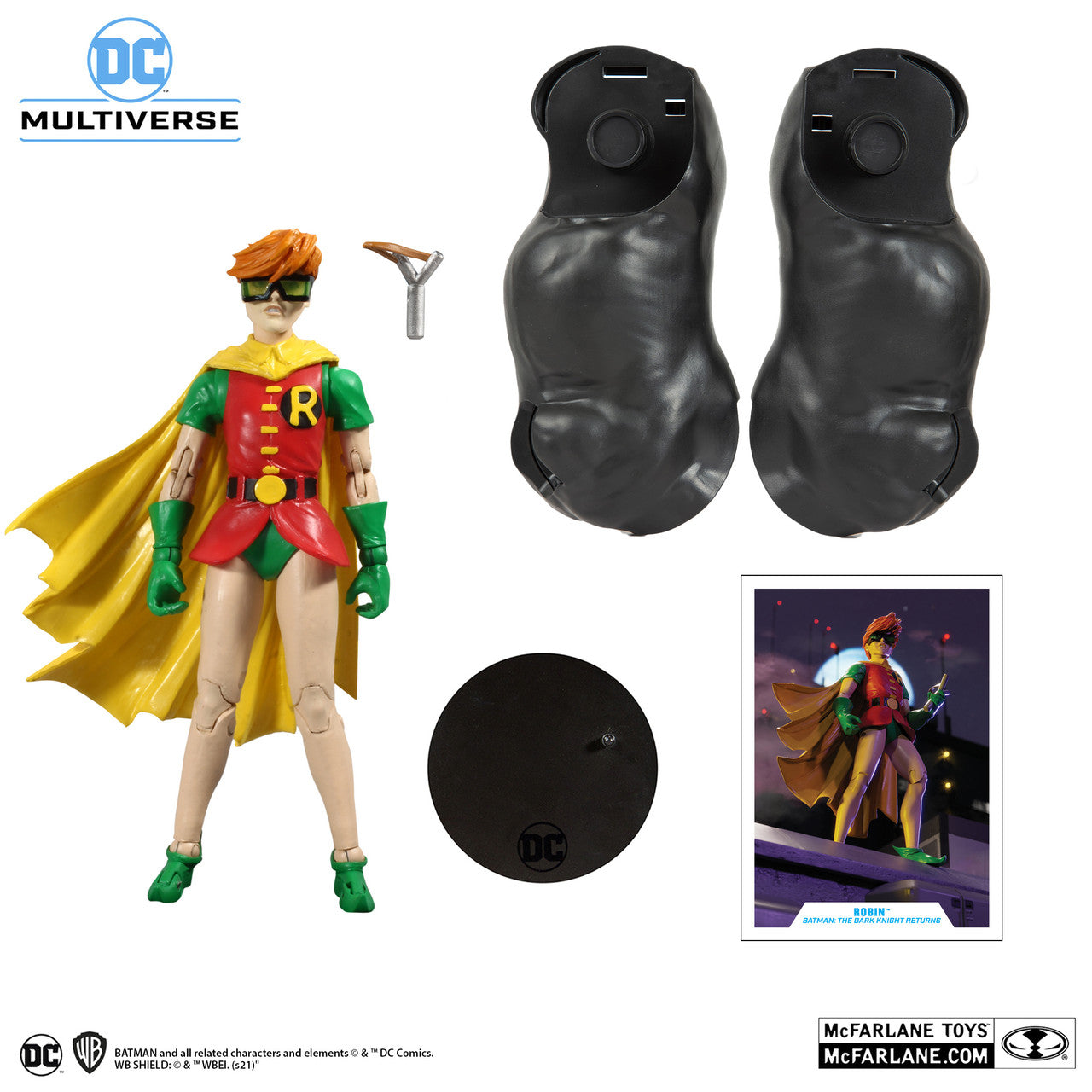 The McFarlane Toys DC Multiverse Robin Dark Knight Returns Build-A-Fig 15436 includes a Robin action figure with yellow cape, green gloves, slingshot accessory, two black stands, collectible card, and DC/Batman-themed packaging.