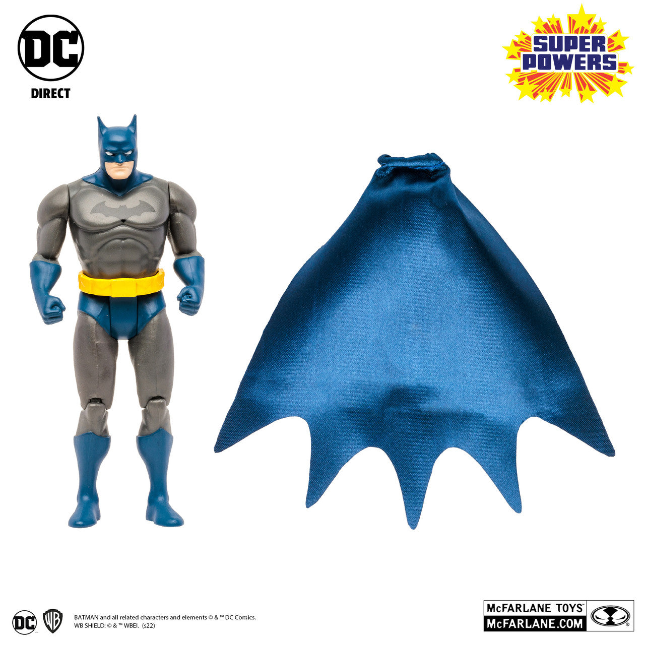 McFarlane Toys DC Direct Batman Hush Super Powers action figure features Batman in a gray and blue suit with yellow belt, plus a separate blue fabric cape. DC, Super Powers, and McFarlane Toys logos are shown above and below the figure.