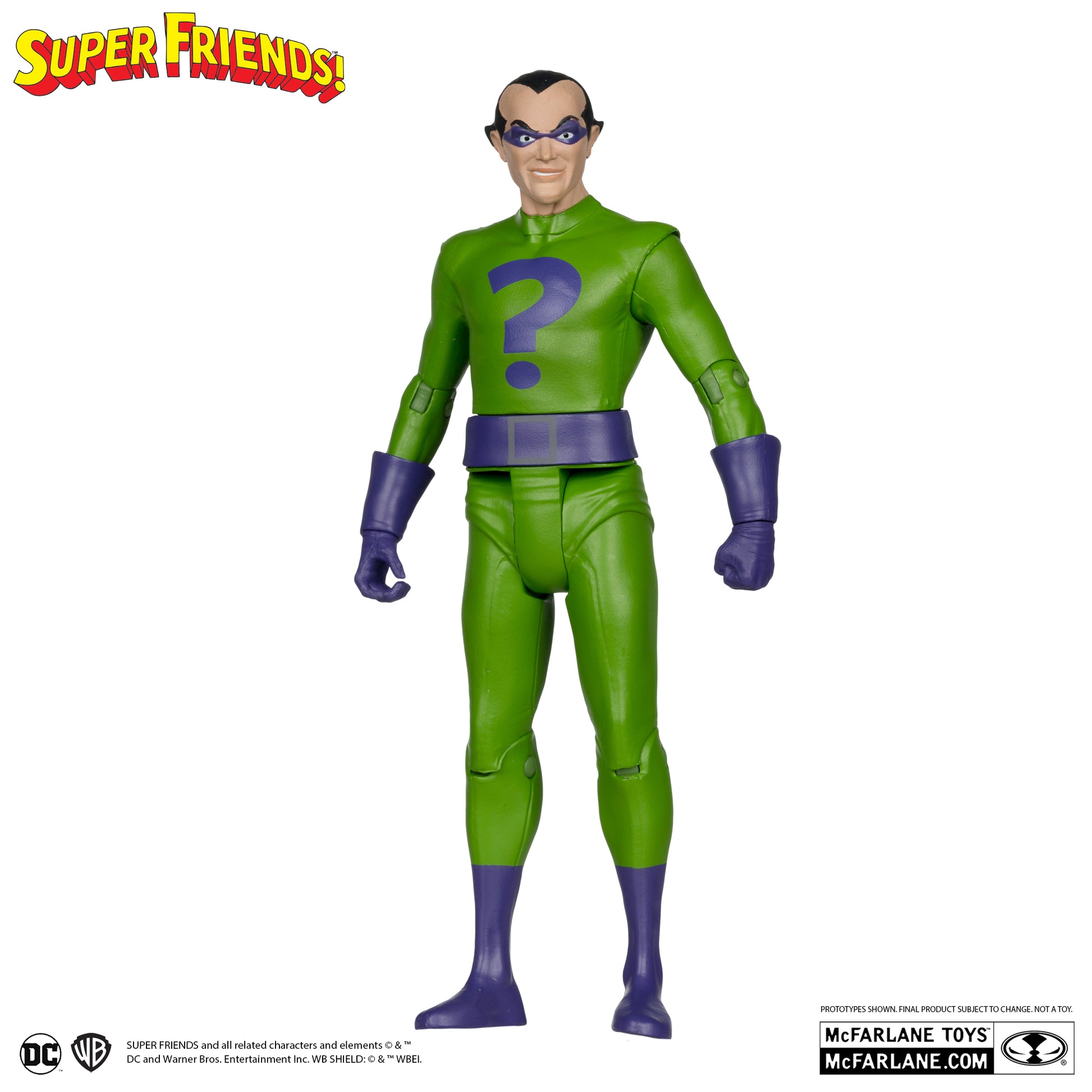 The McFarlane Toys DC Retro The Riddler Super Friends action figure features the Riddler in a green suit with a purple question mark, gloves, boots, mask, and belt. Displayed against a white background with the SUPER FRIENDS!™ logo above.